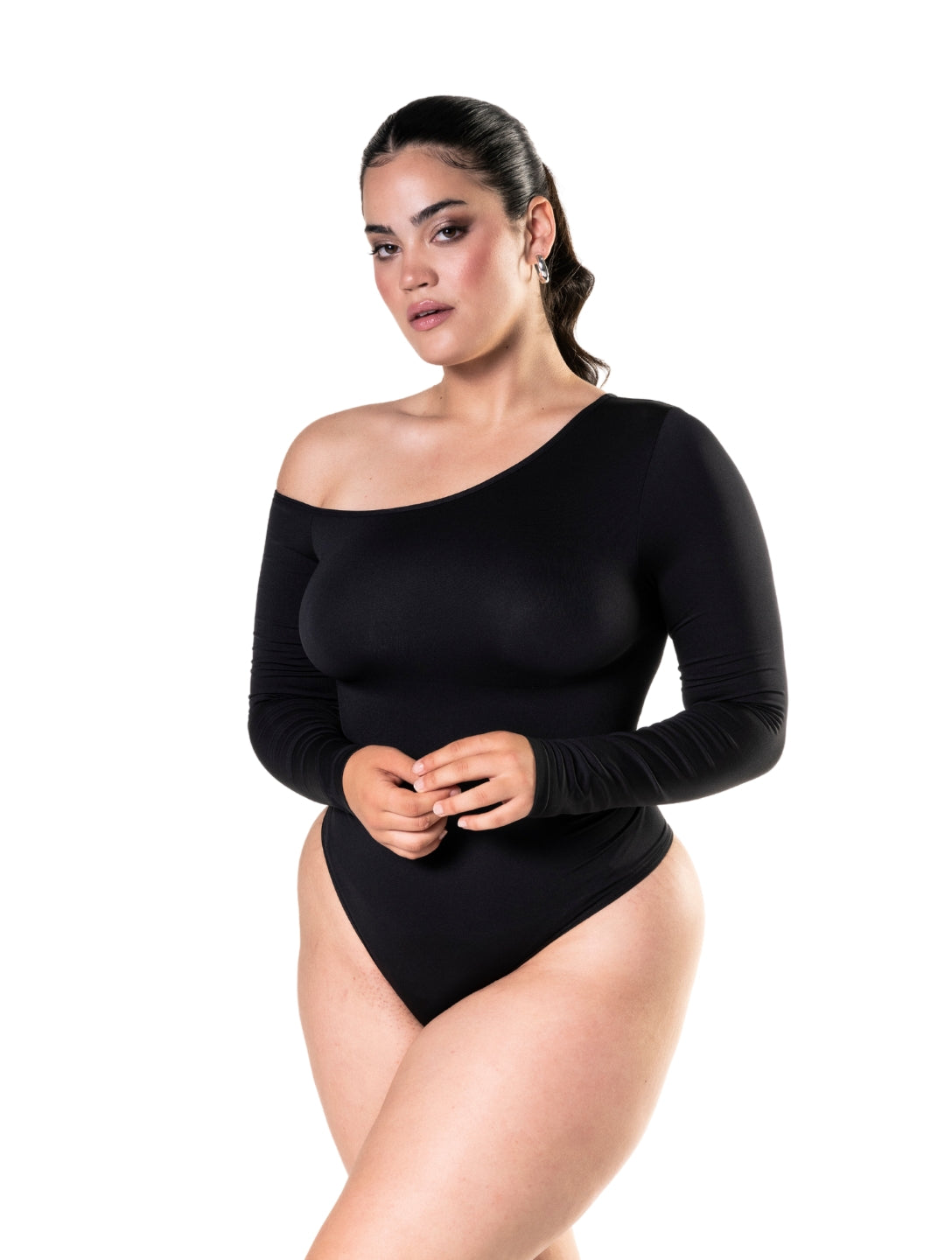 One Shoulder Long Sleeve Thong Bodysuit - HeyShape