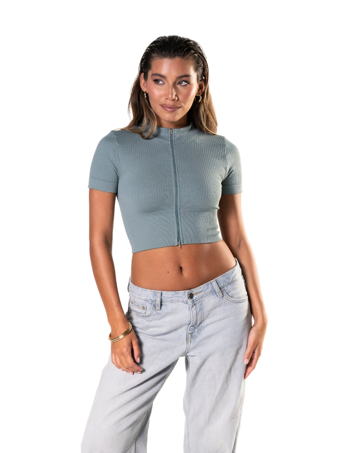 Seamless Ribbed Zip-Front Short Sleeve Crop Top - HeyShape