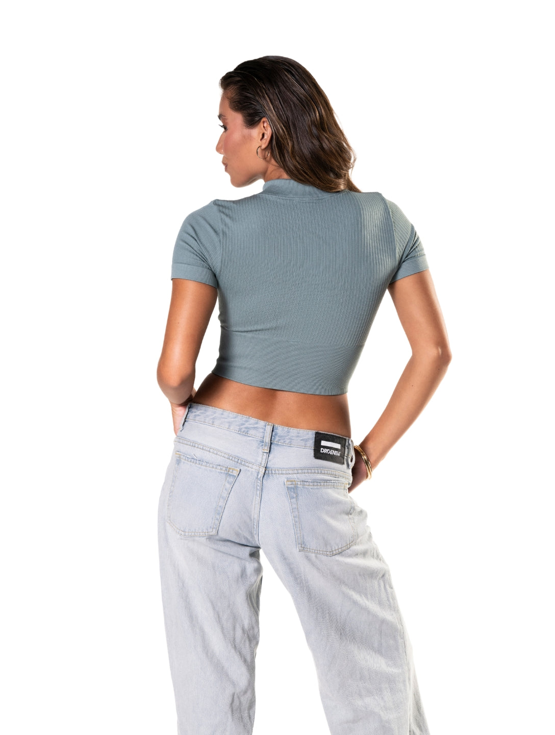 Seamless Ribbed Zip-Front Short Sleeve Crop Top - HeyShape