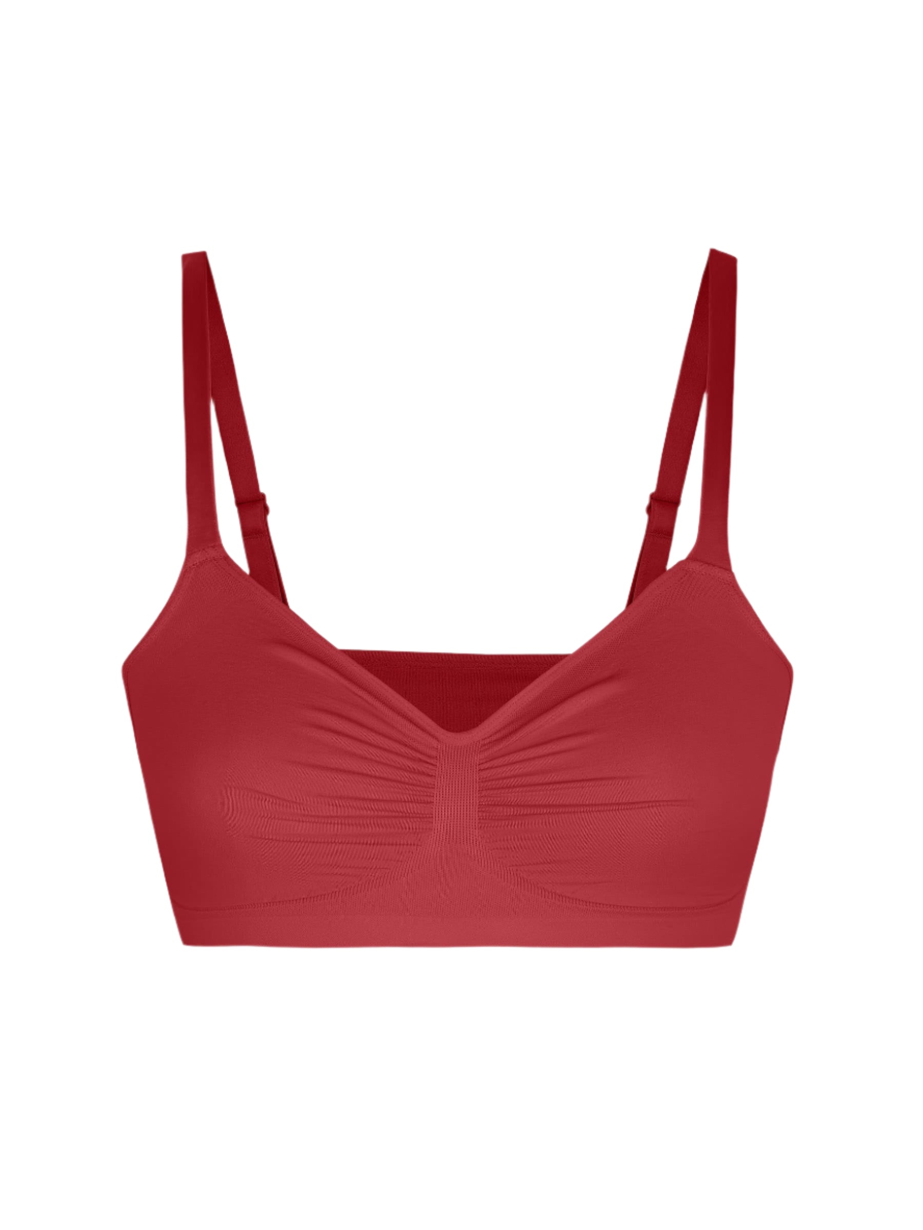 Red bralette with thin straps on a light gray background